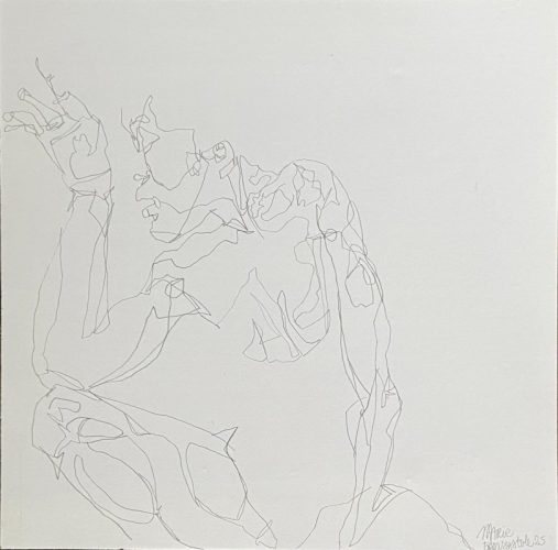 croquis au crayon d'un corps humain accroupi au sol sur papier cartonné